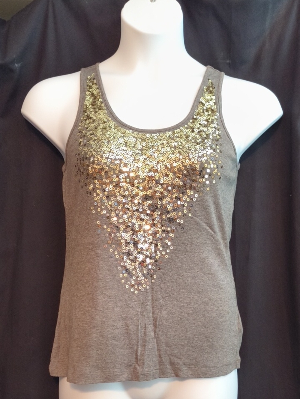 Sleeveless Gray Tank Top with Gold Sequin V-Accent #0073